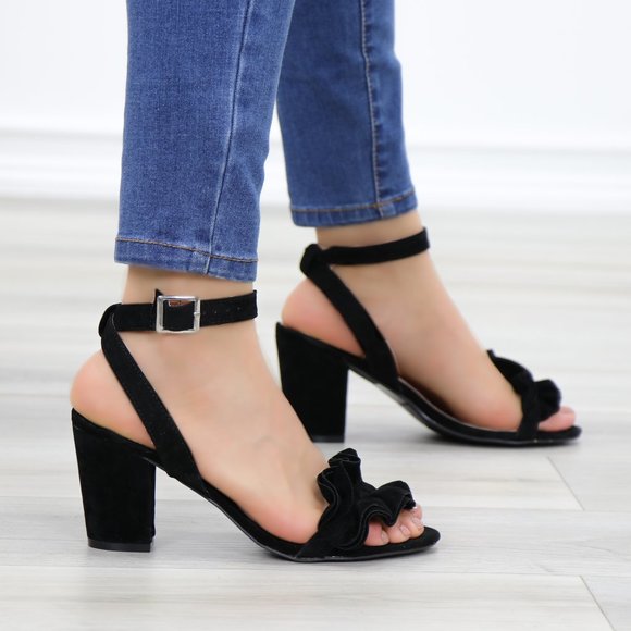Suede Black Chunky Heel Open Ruffle Toe Sandal - Picture 3 of 10